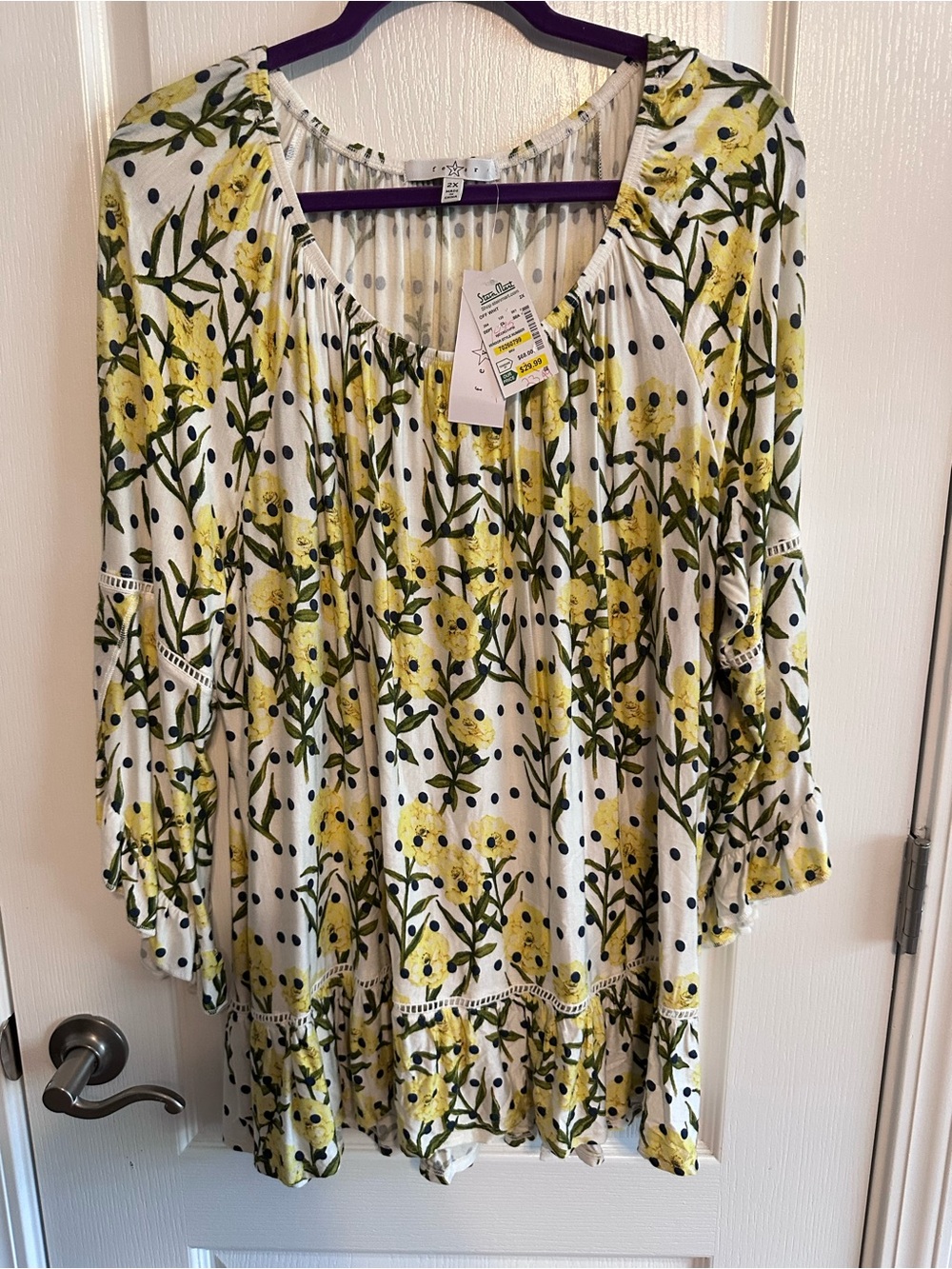 Fever Off-White Floral Top with Yellow Blooms and Polka Dots
